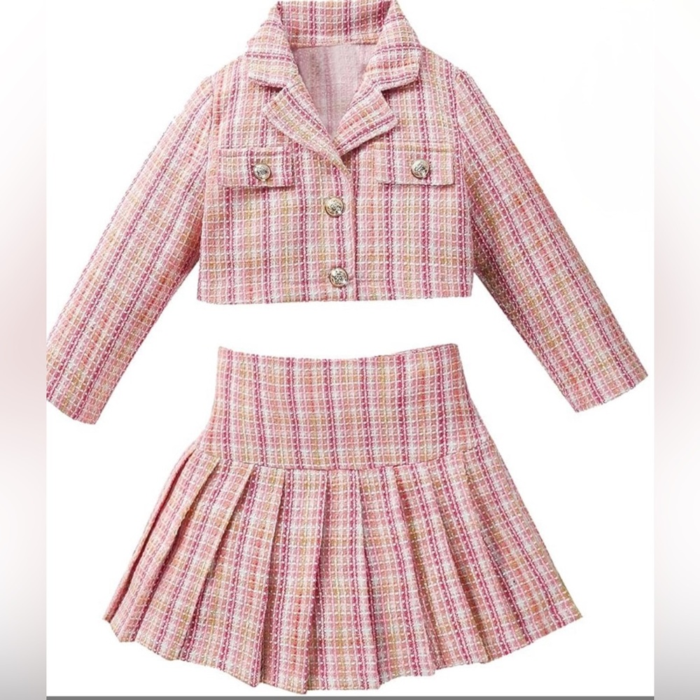 SHEIN Pink and White Plaid Print Tweed Crop Jacket Blazer Skirt .